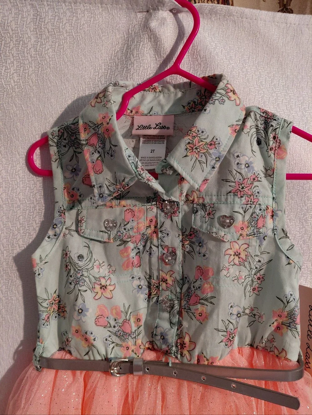 Little Lass Mint Floral Bodice with Peach Glitter Tulle Skirt Dress Sz 2